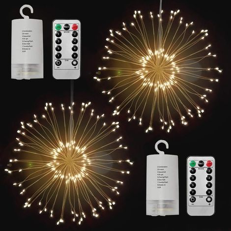 2 Pack Hanging Starburst Light,90 LED 8 Modes Waterproof Firework Lights,Battery Operated with Remote Control for Christmas, Birthday, Bedroom, Corridor Patio, Garden, Wedding, Parties(Warm White)