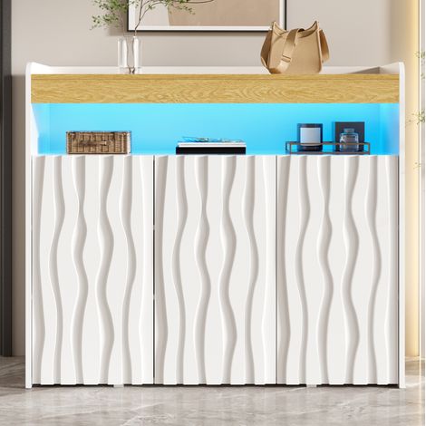 Zapatero con LED, 3 puertas, estantes regulables, blanco y natural OKMYHOME (1/5)