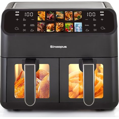 Heißluftfritteuse 9L XXL Airfryer mit Doppelkammer, Fritteuse mit LED-Display, Einstellbare Zeit und Temperatur 80-200℃ für einfaches Kochen, 10-in-1 Fritteuse für Familien