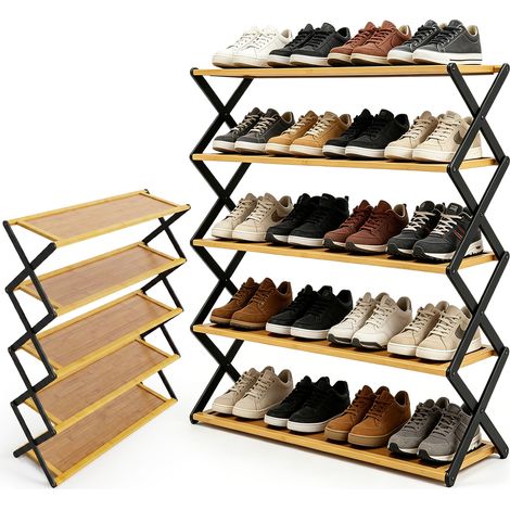 Étagère à Chaussures Pliable, 5 étages, 30Paires, Maison et Camping, Support Bambou (1/5)