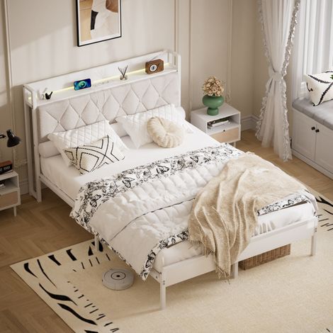 Letto 140 x 190 con testiera imbottita, LED, 2 prese e 2 porte USB, bianco HAVRYA (1/5)