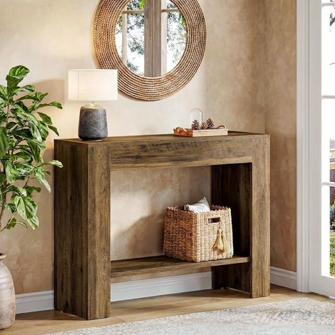 Tribesigns Table Console de Style Rustique de 105 cm, Table d'entrée à 2 Niveaux avec Rangement, Meuble étroit en Bois à Placer derrière Le canapé, pour Le Salon, Le Couloir ou Le Hall d'entrée
