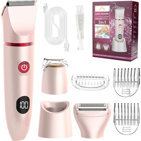 Rasoir Electrique Feminin Tondeuse précise pour visage et zones sensibles, Tondeuse à poils corporels pour visage, jambes, aisselles et zone pubienne,étanche, Écran LCD, Rose, 3 in 1 (1/5)
