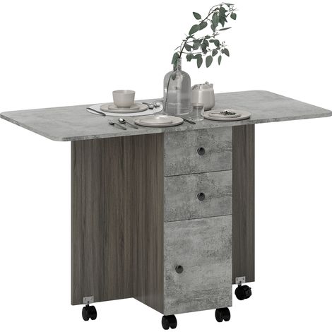 HOMCOM Grauer Klappküchentisch 120x60x76,5 cm - 2 Klapptabletts, Schubladen, Schrank und Ablagefach - Klappbarer Esstisch mit integriertem Stauraum für kleine Räume.