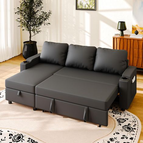 Canapé d'angle Convertible 3 Places, canapé lit avec Rangement intégré et accoudoirs multifonctionnels, idéal pour Salon, Bureau et Petit Appartement, Design Moderne et Pratique, Noir (1/5)
