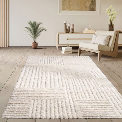 Paco Home Hochflor Teppich Wohnzimmer Shaggy Skandinavisch Boho Einfarbig Geometrisch Creme 160x220 cm