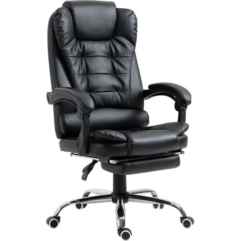 Executive Office Chair, PU Leather Home Office Chair with Swivel Wheels, Reclining Backrest, Retractable Footrest, Black