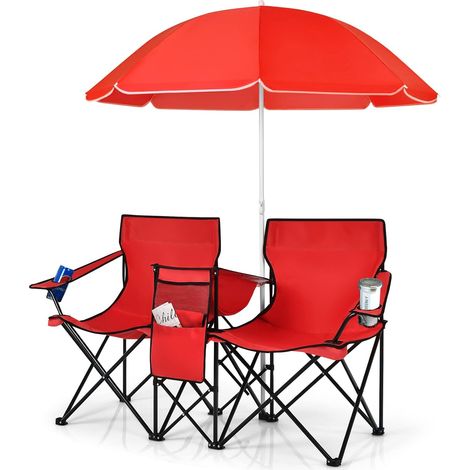 COSTWAY Chaise de Camping Pliante, Chaise d'extérieur Portable avec Glacière et Parasol, Chaise de Plage à 2 Places avec Porte-gobelet et Sac de Transport, Charge120 KG, pour Randonnée, Pêche(Rouge)