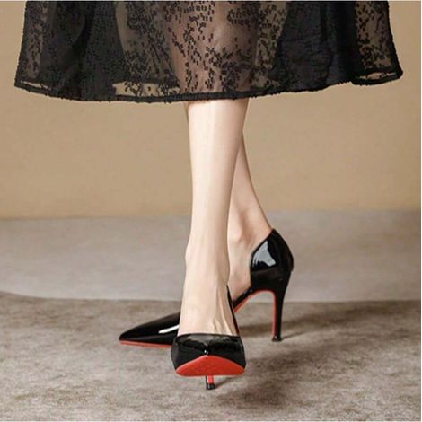 Chaussures de travail à bout pointu en cuir verni noir et rouge, semelle ajourée sur les côtés, nouveauté printemps-automne, talons hauts pour femmes (1/5)
