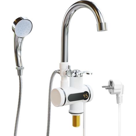 Cuisine Electrique Chauffe-Eau Robinet d'eau Chaude et Froide à Double Usage Instantanée Chauffe Robinet 220V 3000W avec Affichage de la Température et Douche Amovible Tete Electrique (1/4)