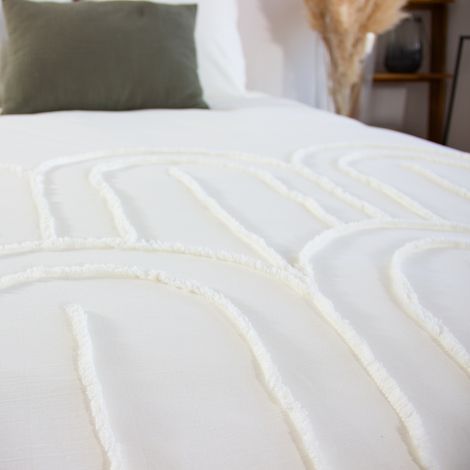 Parure de lit coton lavé tufté motifs arches rétro 2 places blanc. 1 housse + 2 taies 63x63cm 240 x 220 cm