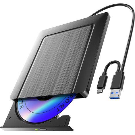 Lecteur CD/DVD Externe pour PC, Ultramince USB 3.0 et USB-C Graveur DVD Externe Optique Portable CD/DVD -/+RW Drive, Mince DVD Player Transmission Rapide Câble USB Intégrée pour Windows/MacOS/Laptop (1/5)