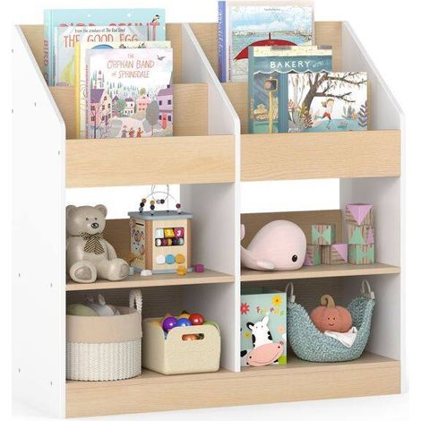 Children's Bookshelf, Toddler Book Stand with 4 Vertical Cubes and 4 Storage Compartments, White Wooden Shelf (1/5)