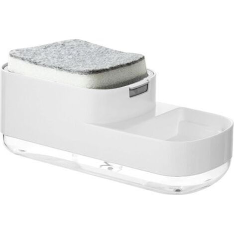 Dispensador de jabón lavavajillas, dispensador de jabón para fregadero de cocina, dispensador de detergente líquido lavavajillas 2 en 1 con soporte para esponja, equipado con una esponja y apto para f (1/4)