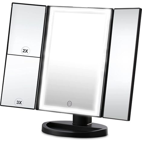 MINKUROW Espejo De Maquillaje Iluminado, Aumento De 2x/3x, Espejo De Maquillaje De Tres Alas Con 72 Luces Led, Giro De 180 Grados, Batería Y Alimentación Por Usb (Negro) (1/5)