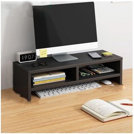 royaluxe -Support de moniteur en bois, support de moniteur d'ordinateur, organisateur de bureau, étagère de moniteur multifonctionnelle avec compartiment de rangement, double couche noire (1/5)