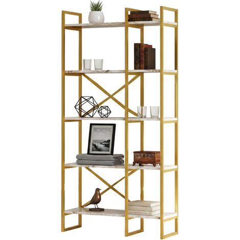 Libreria Zephirine, Biblioteca 5 Ripiani, Installazione a Terra, Colore Struttura Bianco, 88x30x175h cm Grigio