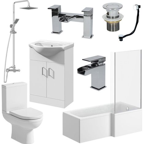 Bathroom Suite 1700mm L Shaped RH Bath Toilet Vanity Unit Basin Shower Tap Waste (1/5)
