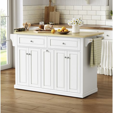 Isola da cucina 121x69x89 cm, piano di lavoro pieghevole, cassetti multipli, portasalviette, MDF naturale e bianco (1/5)