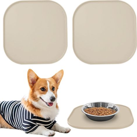 Lot de 2 tapis de nourriture en silicone imperméables - Tapis de gamelle pour chats - 26 × 26 × 1 cm - Tapis carré en silicone pour chiens et chats - Tapis antidérapant pour nourriture - Kaki (1/5)