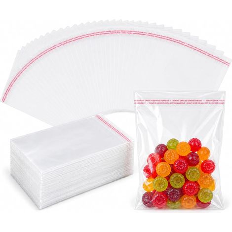 Pack of 200 self-adhesive cellophane bags - 12 x 18 cm - With closure - For sweets, cookies, gifts (1/5)