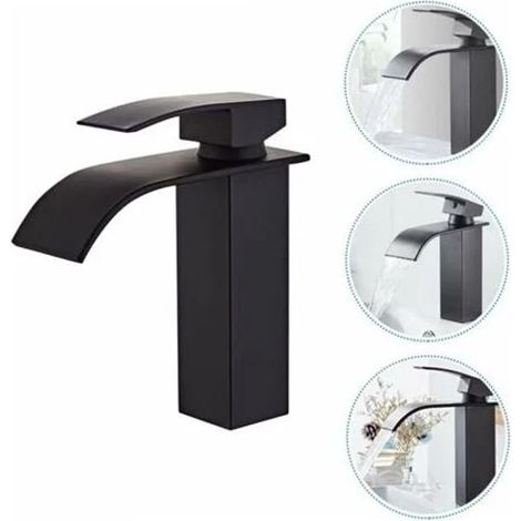 Waschtischarmatur, Warm- und Kaltwasserarmatur, moderne Waschtischarmatur im Wasserfall-Design, langlebiger Ventilkörper aus schwarzem Kupfer (1/5)