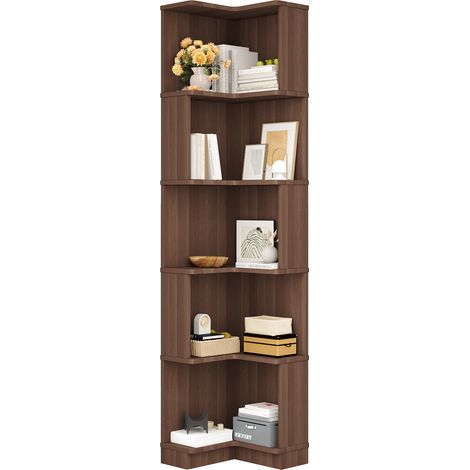 Estanteria Esquinera con 5 Estantes, LED de Color Variable con Control por Aplicacion, en MDF, 63.5 x 45 x 175 cm, Marron (1/5)