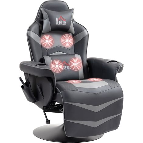 Massage Gaming Chair, Swivel Racing Video Gaming Recliner with Retractable Footrest, Headrest, Cup Holders and Side Pockets, Ergonomic High Back PU Leather Executive Desk Chair, Grey
