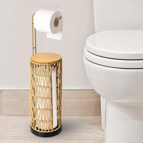 Distributeur de Papier Toilette Autonome Rangement avec étagère, Distributeur de Papier Toilette de Salle de Bain Debout, Rangement de Papier Toilette en rotin pour 4 Rouleaux de Papier Toilette (1/5)