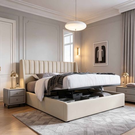 Cama con almacenamiento 160x200cm – Lino beige – Almacenamiento hidráulico – Cama tapizada – Cabecero a rayas – Base de láminas – Estructura de madera y metal