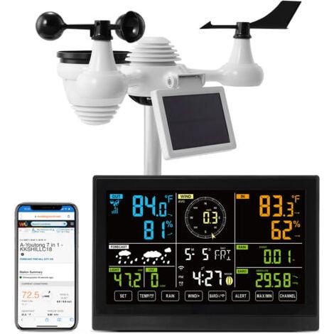 [JAMAIS UTILISÉ] Mophorn Station météo sans fil Wi-Fi 7 en 1, intérieur et extérieur, grand écran couleur 7,5 pouces, station météo numérique, température, humidité, vitesse du vent, capteur de pluie