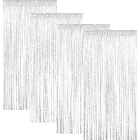 Lot de 4 rideaux de porte 100 x 200 cm - Avec perles scintillantes - Séparateur de pièce - Décoration de fenêtre pour mariage et fête - Blanc (1/5)