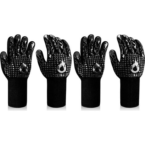 Gants de Barbecue, Gants de Four Résistant à la Chaleur jusqu'à 800 °C Gants de Gril de Cuisson en Silicone Antidérapants (L/XL/XXL, Noir-F1) (Lot de 2)