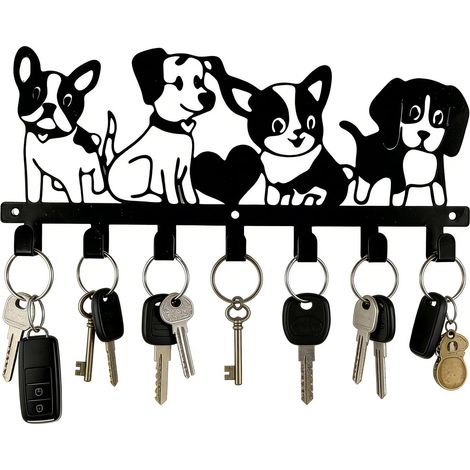 Porte Cle Mural Forme de Chien,Patere Murale Silhouette Noire,Crochet Mural Adhesif Sept Crochets,Porte Clefs Décoration pour Ranger le Couloir,Cadeau pour les Amoureux des Animaux,26 X 10,7 cm (1/4)
