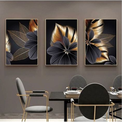 Lot de 3 affiches en toile - Motif : Feuilles de plantes - Impression moderne - Décoration murale - Or noir (30x40 cm) (1/5)