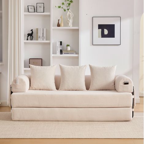 Sofa modulare 200/190 cm beige in velluto a coste con tasca laterale e 3 cuscini (1/5)