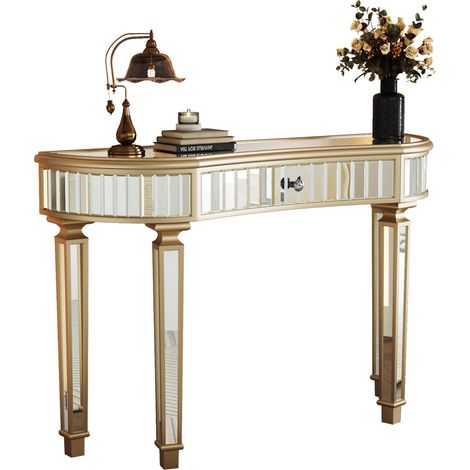 Consolle a mezzaluna con specchio 120 cm in MDF e vetro con cassetto, oro e argento (1/5)