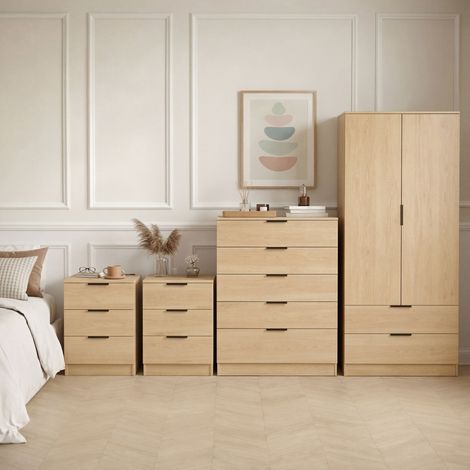 Trega Bedroom Furniture Set 4pc – 2x 3 Drawer Bedside, 5 Drawer Chest & 2 Door Wardrobe, Pine