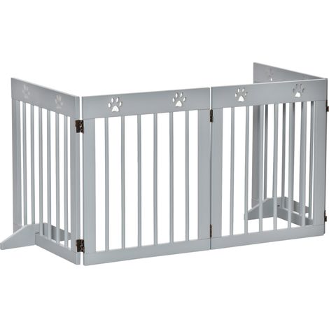 Freestanding Pet Gate 4 Panel Folding Wooden Dog Barrier w Support Feet (1/5)