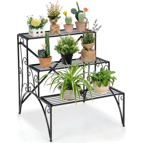 3 Tiers Metal Plant Stand Ladder Flower Pots Holder with Grid Shelves (1/5)