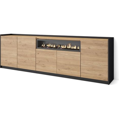 Skraut Home - Aparadores para salón, 260x37x80cm, 5 Puertas, Chimenea eléctrica, Roble y negro (1/5)