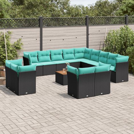 Salon de jardin modulable 14 pièces en résine tressée noir avec coussins bleus - PANGIVO (1/5)