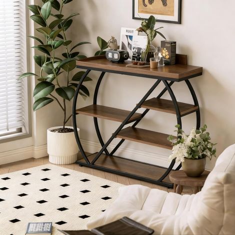 Tribesigns 41.3" Console Table, 5-Tier Industrial Entryway Table with Storage Shelves and Arched Metal Frame, Wood Hallway Console for Living Room, Foyer, Rustic Brown