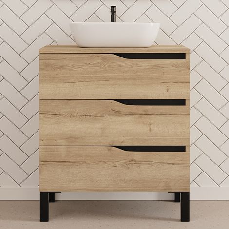 Meuble de salle de bain 70cm avec plateau et vasque à poser zeus - 3 tiroirs - sans miroir - madera miel (chêne clair) - MATA (1/4)