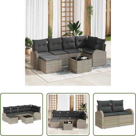 vidaXL Poly-Rattan - Sofa Set mit Kissen mit Speicher 7 pcs Hellgrau Poly-Rattan (1/5)