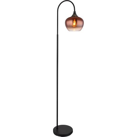 Stehlampe Bogenstehlampe Wohnzimmerleuchte Stehleuchte gebogen Glas kupfer, Metall schwarz, 1x E27, LxBxH 39 x 25 x 150 cm (1/5)