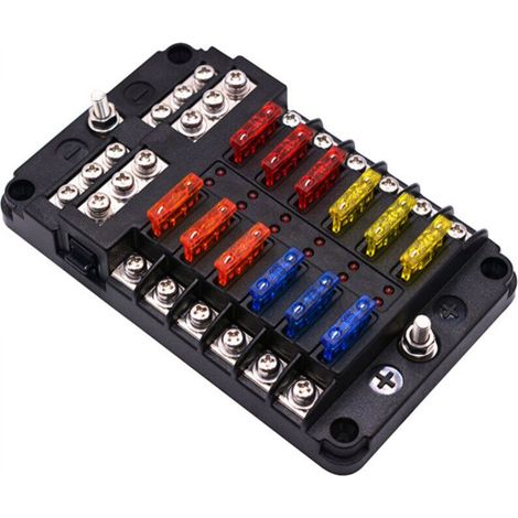 6/12 Voies Boîte Fusibles 12V, Porte Fusible Blocs Fusible Lame avec 16 Fusibles 6 Voyants LED Couvercle de Protection pour 12V/24V Voiture Bateau Marine Camion SUV (12 Voies) (1/5)