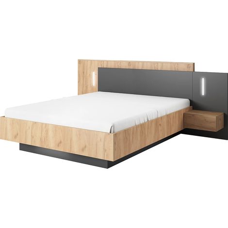 Letto con comodini 160 x 200 cm 2 cassetti Con LED Naturale e Antracite - FRANCOLI