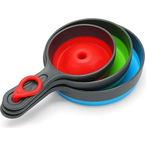 Set di 3 imbuti da cucina pieghevoli in silicone, piccolo e grande, ideali per trasferire facilmente liquidi e polveri. (1/4)