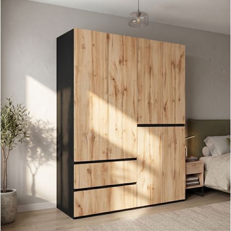 MODFU – Armadio 180x50x200 cm in MDF/truciolato con 2 appendiabiti, 5 cassetti, 6 ante e carico 30/20 kg – Rovere/nero (1/5)